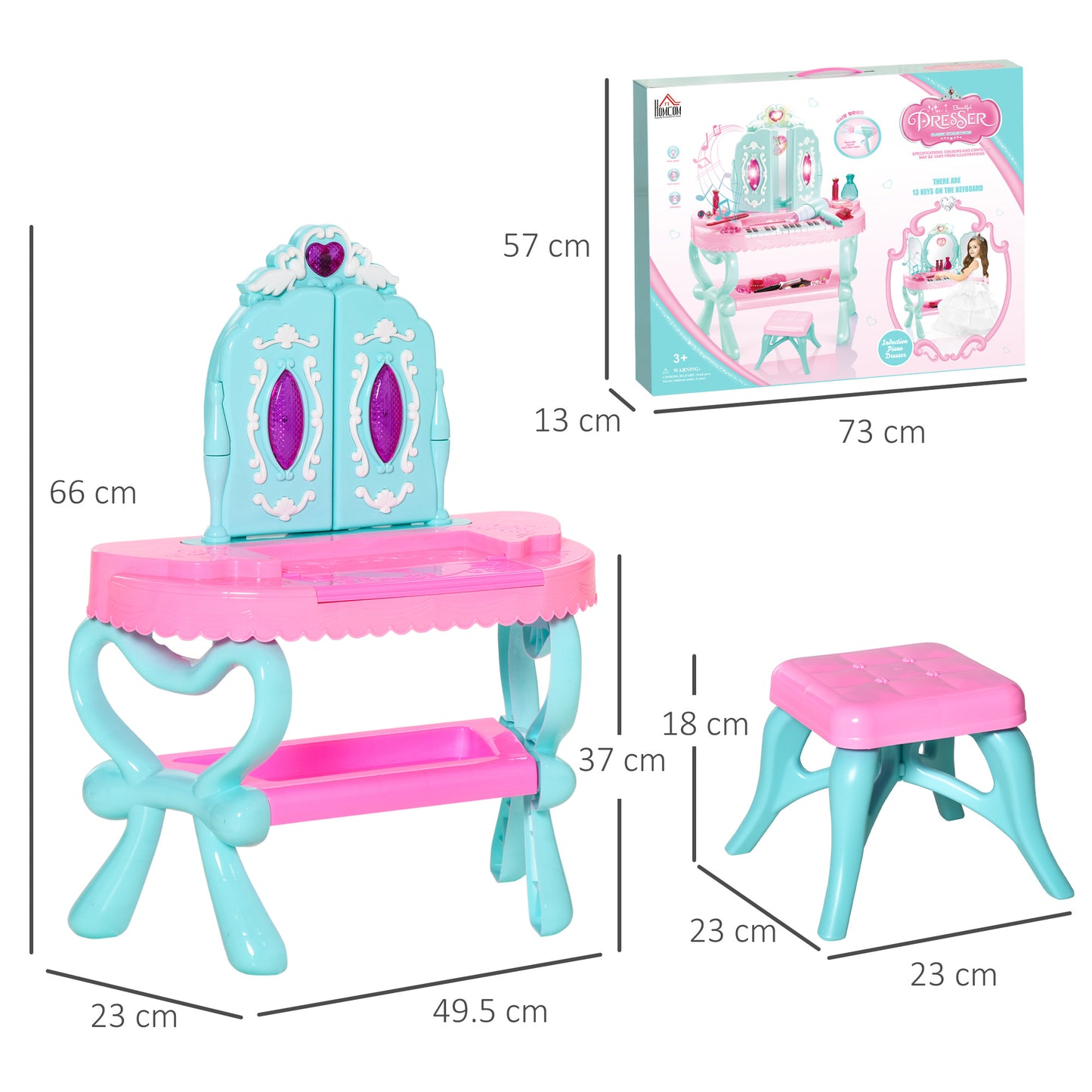 HOMCOM 2 In 1 Musical Piano Kids Dressing Table Set w/ Light, for 3-6 Years Old