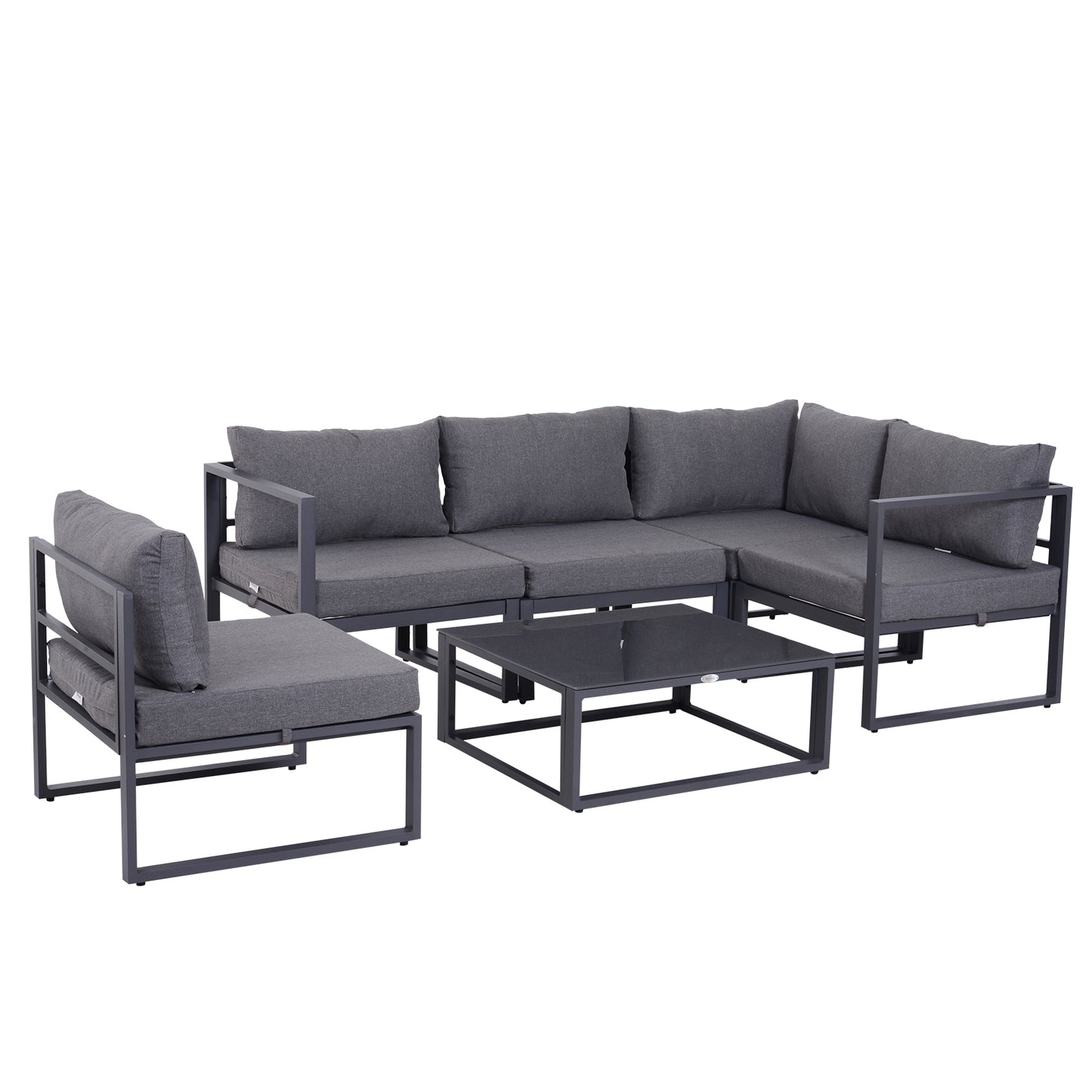 Outsunny 6 Pcs Sectional Sofa Set Aluminium Frame, Tempered Glass, W/Cushions-Grey