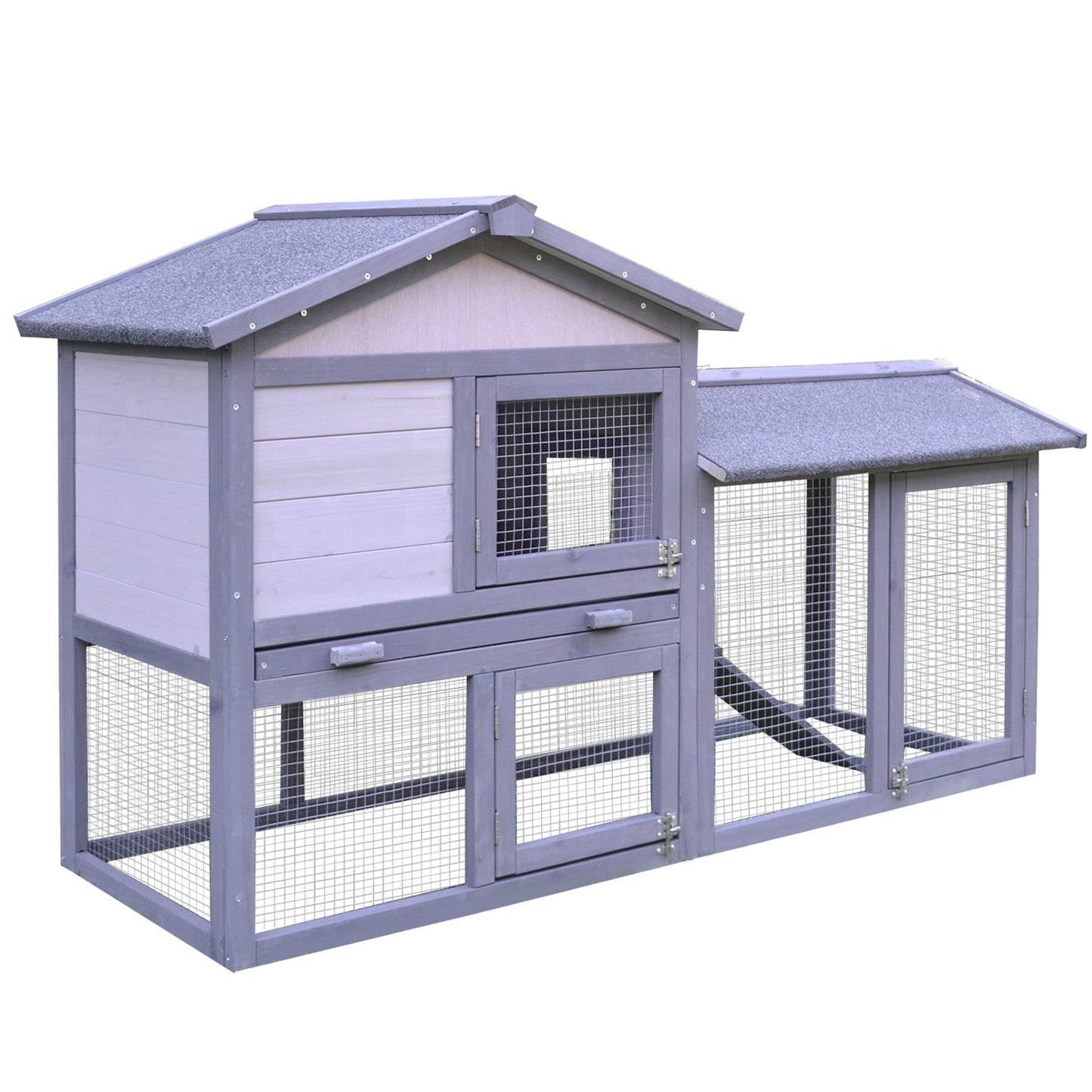 PawHut Small Animal Two-Level Fir Wood Rabbit Hutch w/ Ramp Burnt Yellow