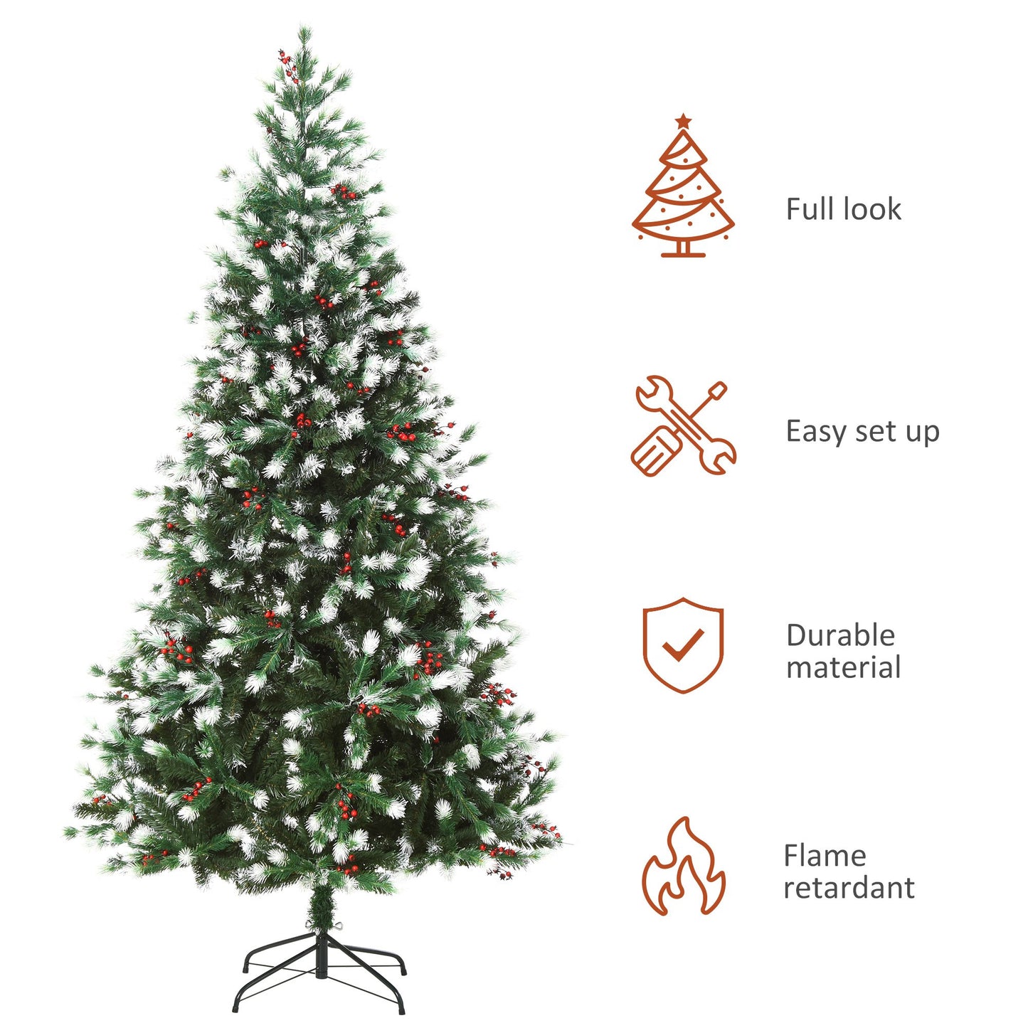 HOMCOM 1.8m Snowy Artificial Christmas Tree w/ Red Berries