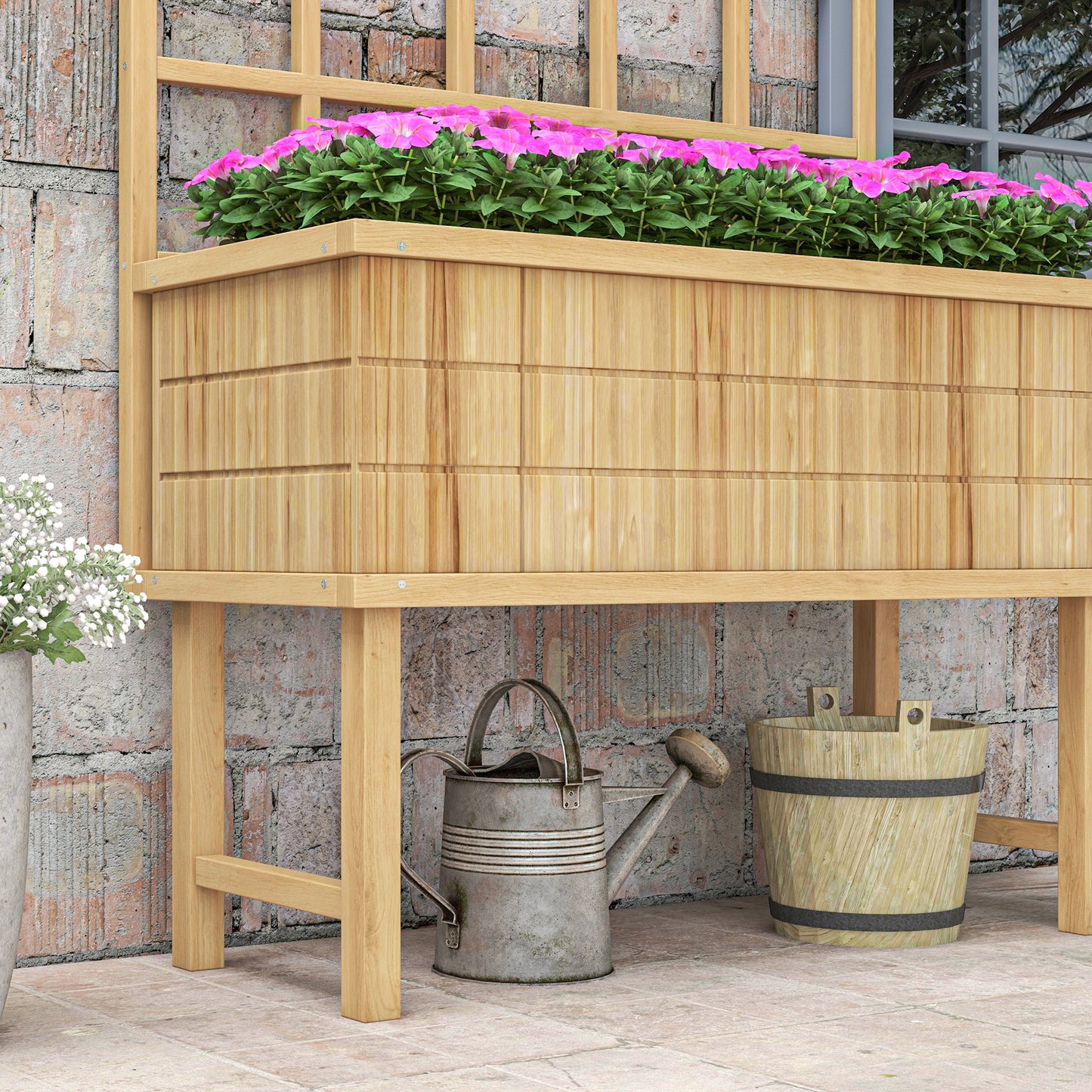 Outsunny Wooden Raised Planter with Trellis for Vine Climbing Plants, Elevated Garden Bed with Drainage Holes and Bed Liner for Vegetables, Flowers, Herbs, 105 x 45 x 140cm, Natural