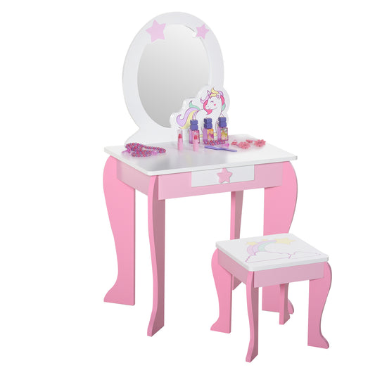 HOMCOM Girls Dressing Table with Mirror and Stool, Kids Dressing Table, Unicorn Pretend Play Toy for Toddles Girls Age 3-6 Years, Acrylic Mirror, Pink and White