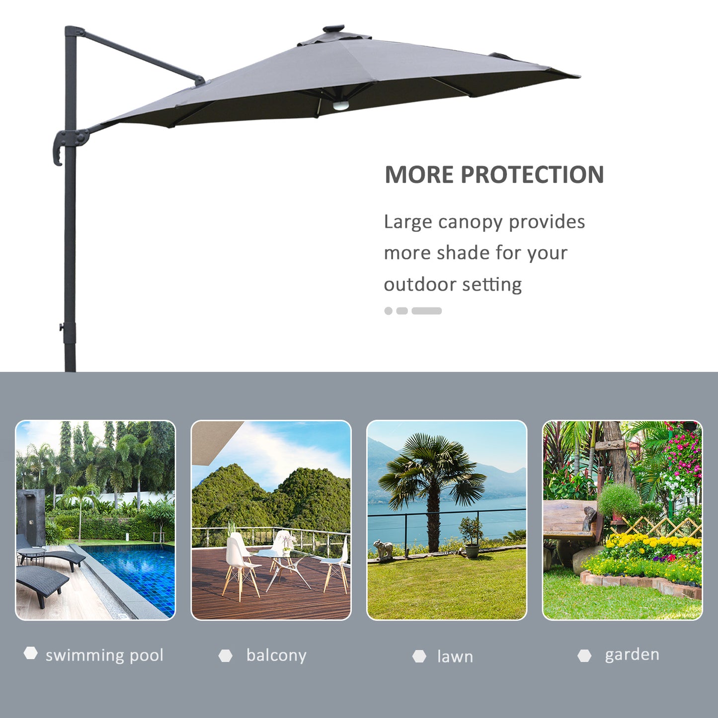 Outsunny 3(m) LED Cantilever Parasol Outdoor Sun Umbrella w/ Base Solar Lights Grey