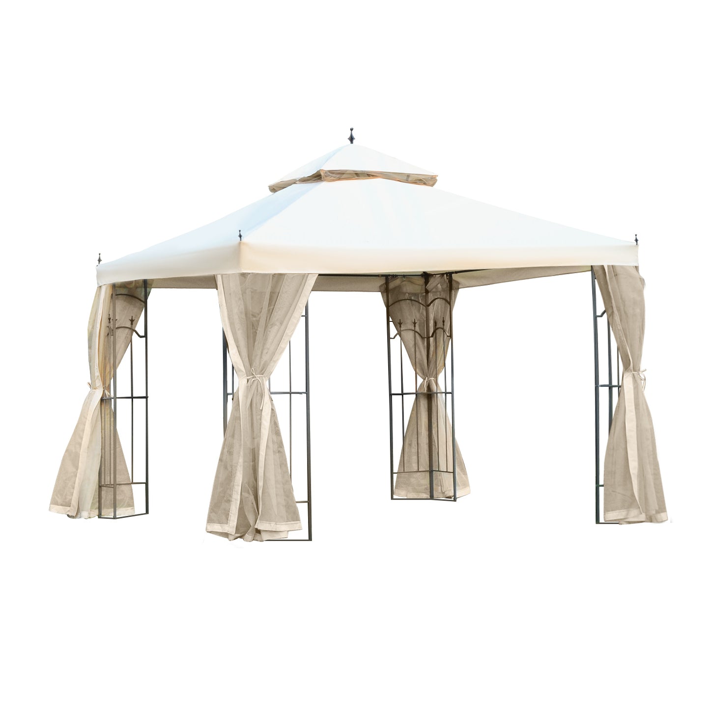 Outsunny 300cmX300cm Garden Gazebo Double Top Gazebo Canopy w/ Mesh Curtain Beige