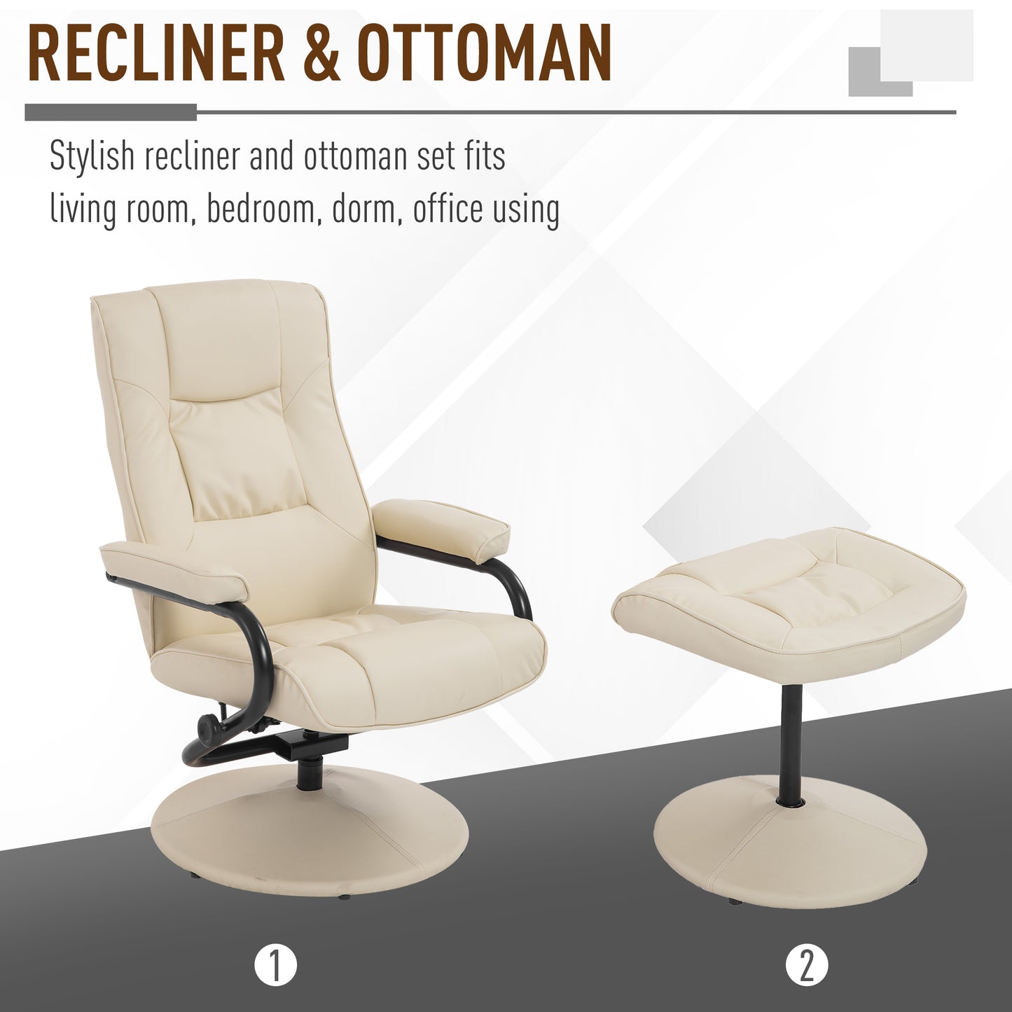 HOMCOM PVC Reclining Executive Chair w/ Footrest Stool Cream