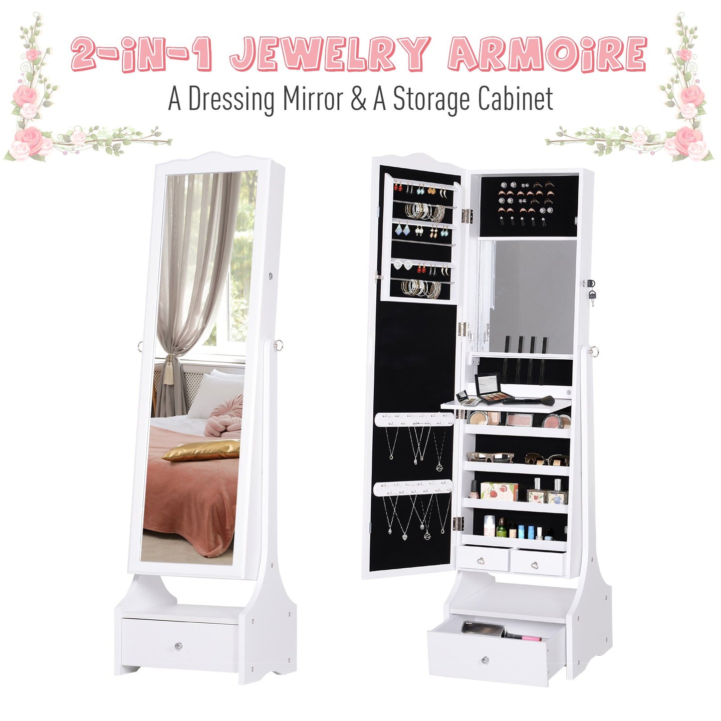 HOMCOM MDF Freestanding Mirror Jewellery Cabinet Full Length Mirror w/ LED Light White