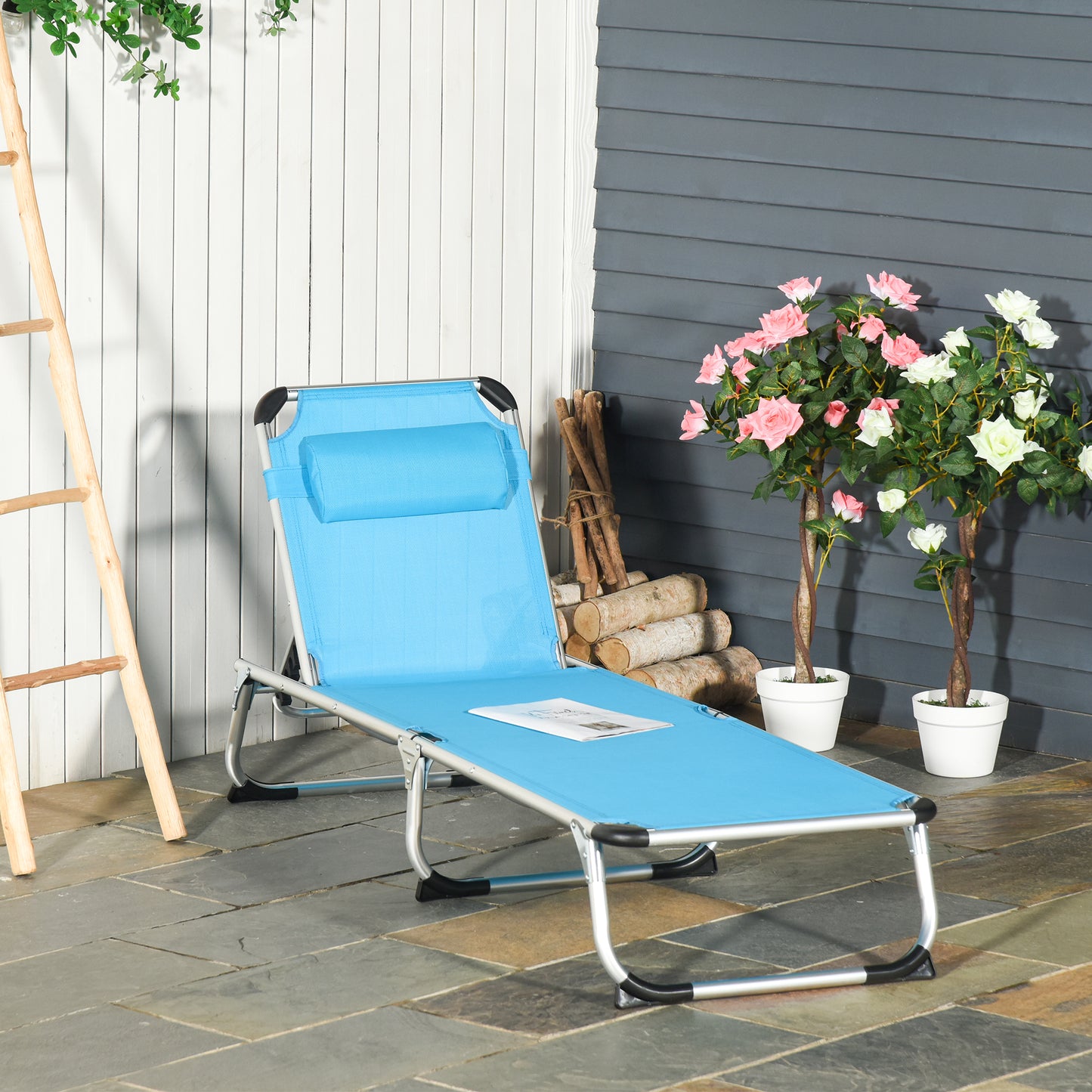 Outsunny Folding Outdoor Reclining Sun Lounger Chair w/ Pillow Aluminium Frame Foot Pads Camping Garden Adventure Bed Cot Blue