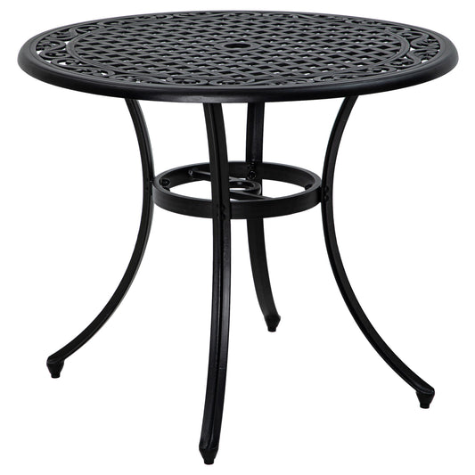 Outsunny Round Garden Table with Parasol Hole, 90cm Cast Aluminium Outdoor Dining Table for 2-4 for Balcony - Black