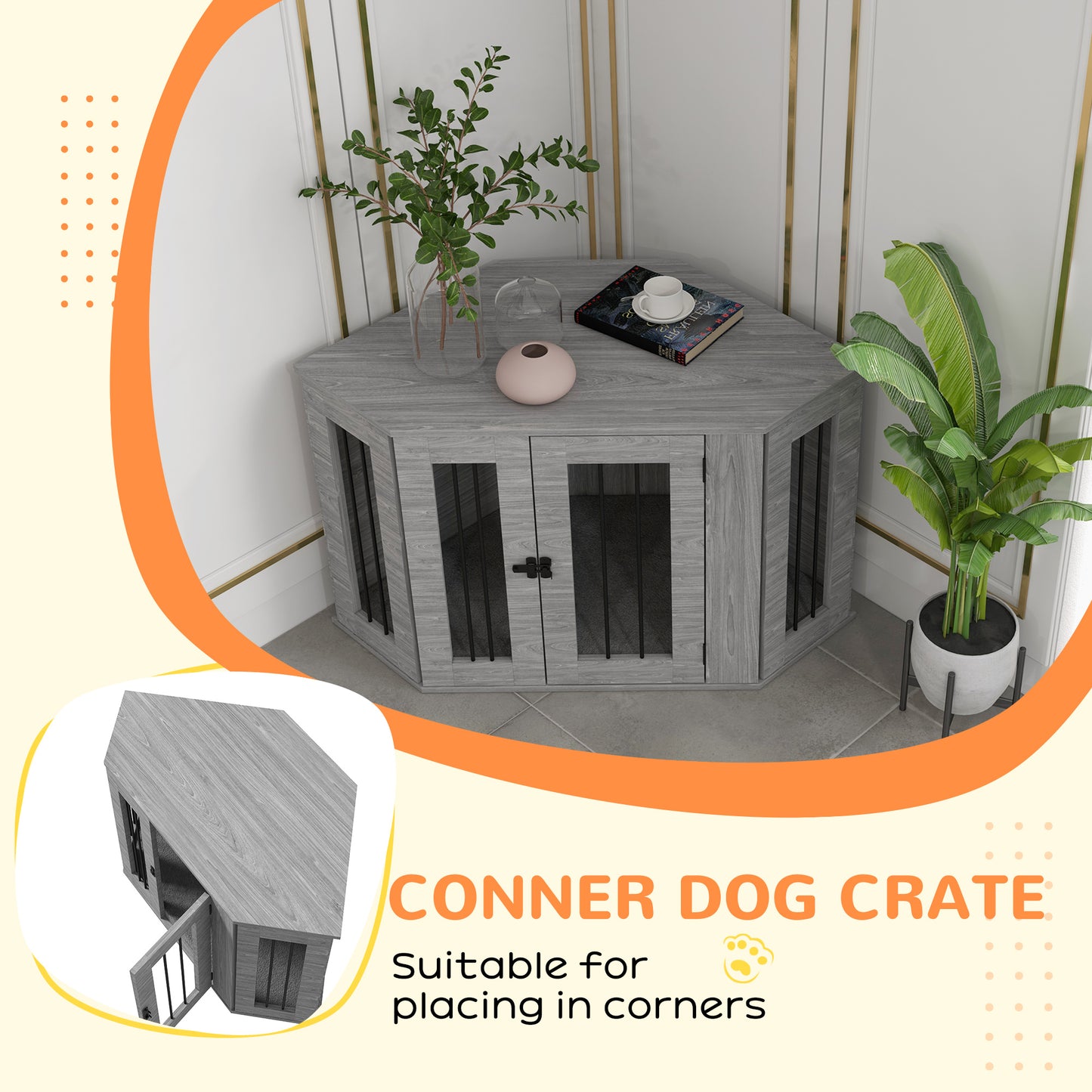 PawHut 2 in 1 Dog Crate Furniture Side Table with Cushion 104 x 55 x 63cm Grey
