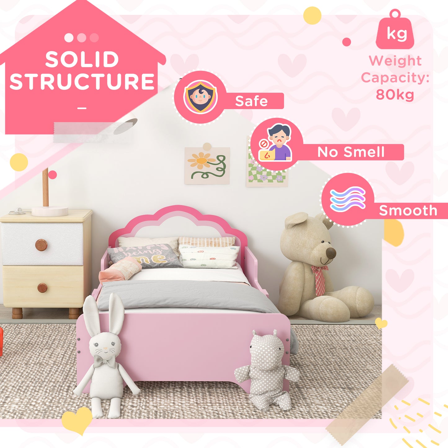 ZONEKIZ Toddler Bed Frame Princess Bed for Kids Cloud Design 143 x 74 x 55 cm Pink