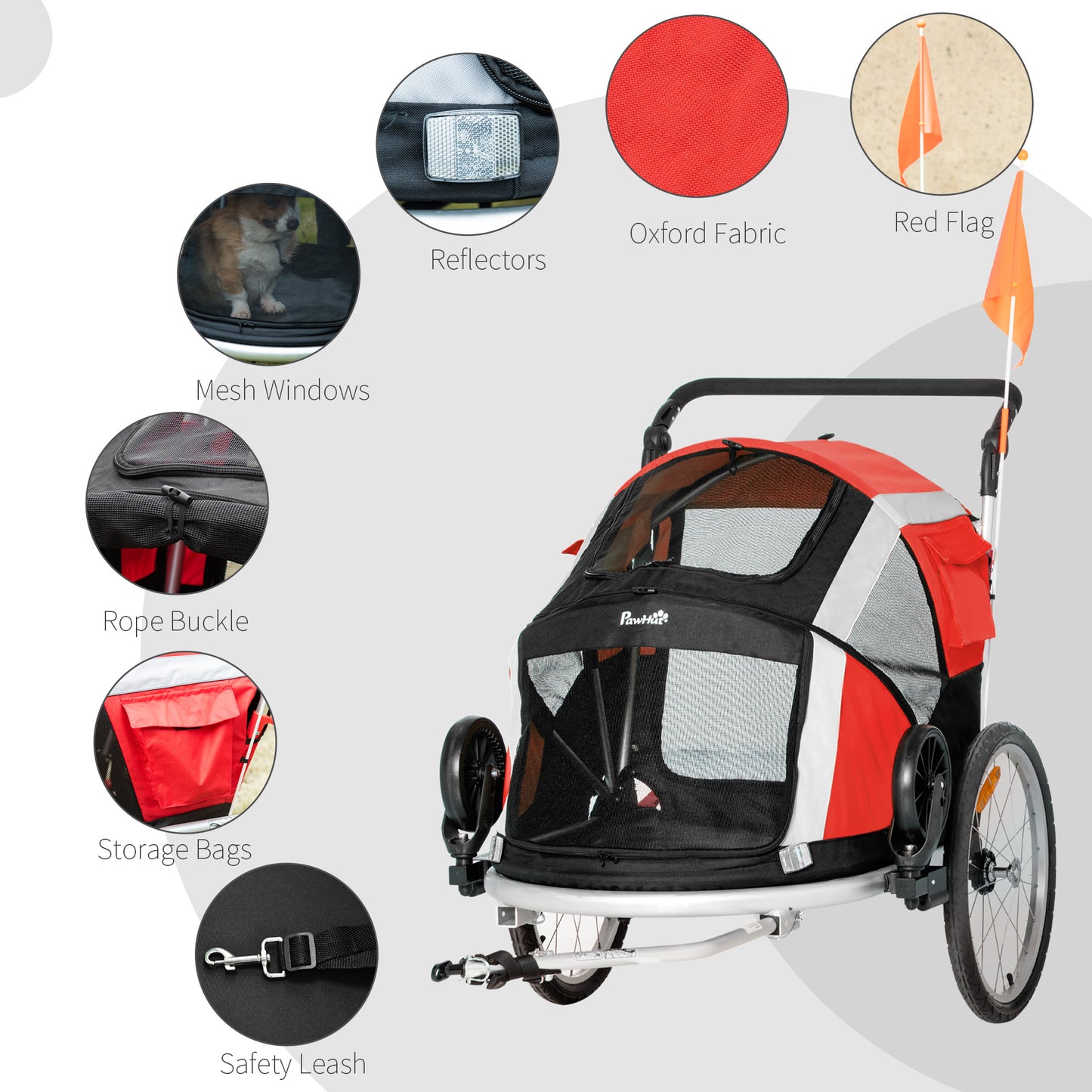 PawHut Dog Bike Trailer, 2-in-1 Foldable Pet Bike Trailer with Safety Tether, Flag for Small Cats, Puppies, Camping, Hiking, Red w/ Reflectors Puppy