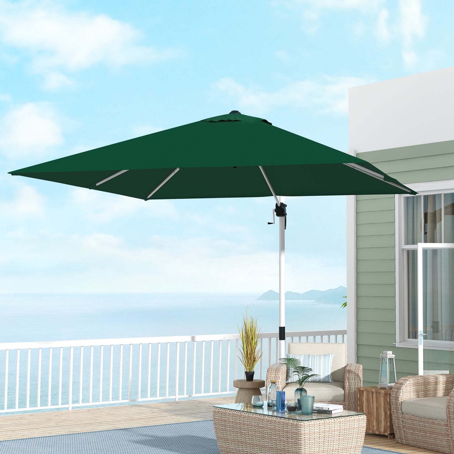 Outsunny 3 x 3(m) Square Cantilever Parasol with Cross Base, Crank Handle, Tilt, 360° Rotation and Aluminium Frame, Green