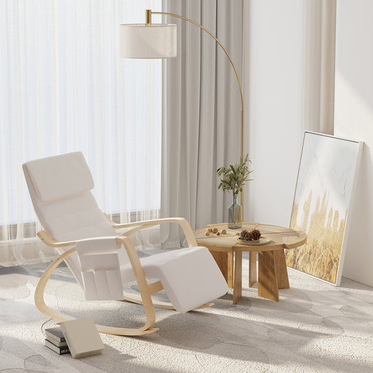 HOMCOM Wooden Rocking Lounge Chair, with Adjustable Footrest and Pocket - Cream White
