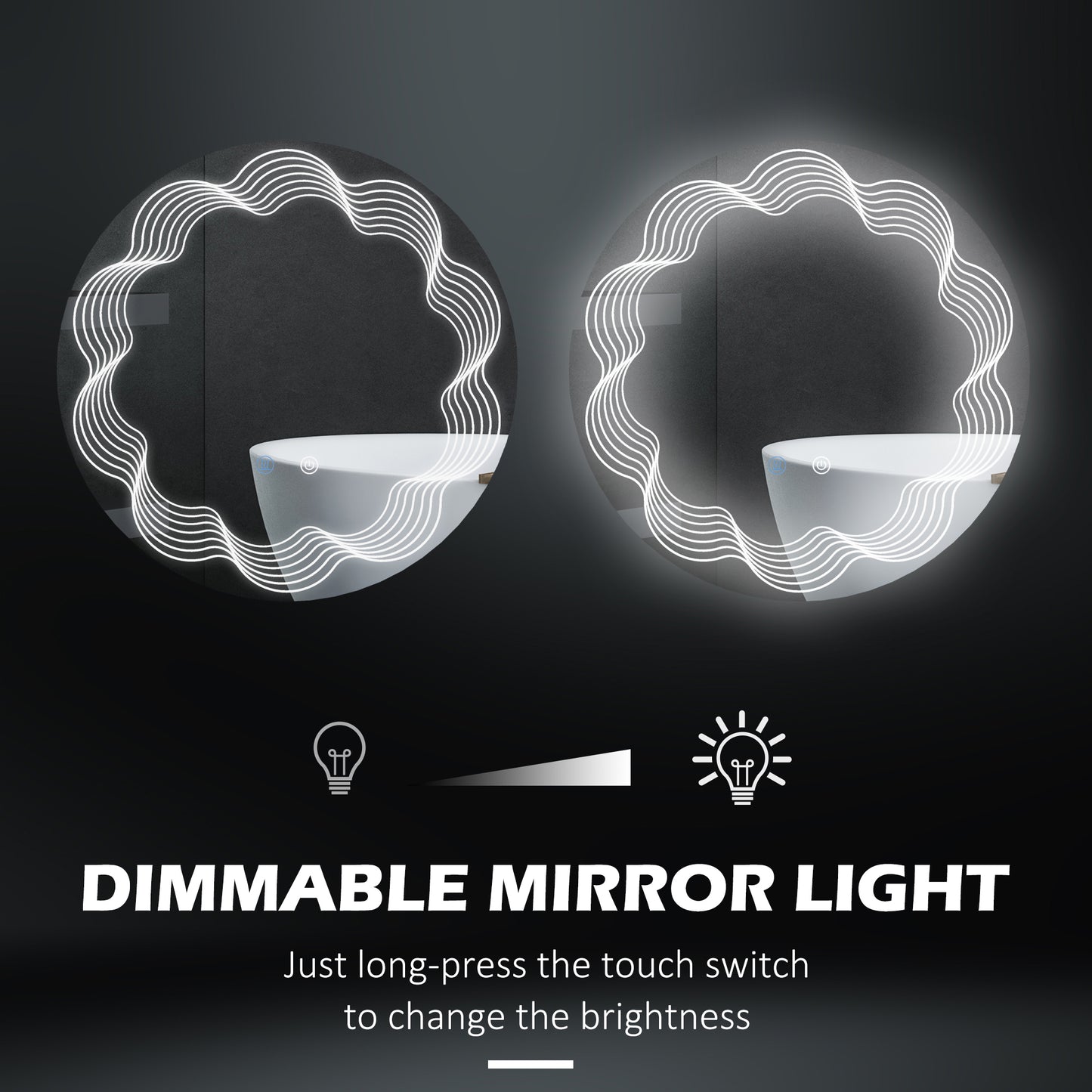 kleankin Round Illuminated Bathroom Mirrors w/ LED Dimming Lighted , Wall Mounted Vanity Mirror w/ 3 Colour, Smart Touch, Anti-Fog, 60cm