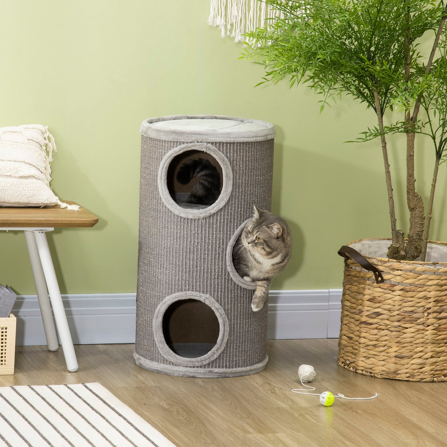 PawHut Cat Climbing Frame, Covered with Sisal, Cosy Platform - Light Grey