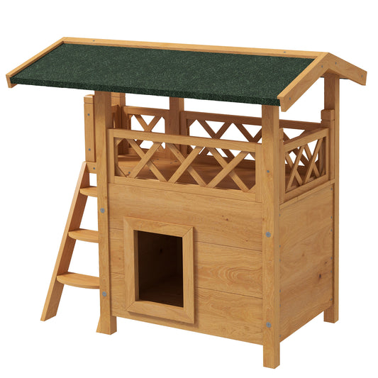 PawHut Cat House Outdoor w/ Balcony Stairs Roof 77 x 50 x 73 cm Natural Wood Finish