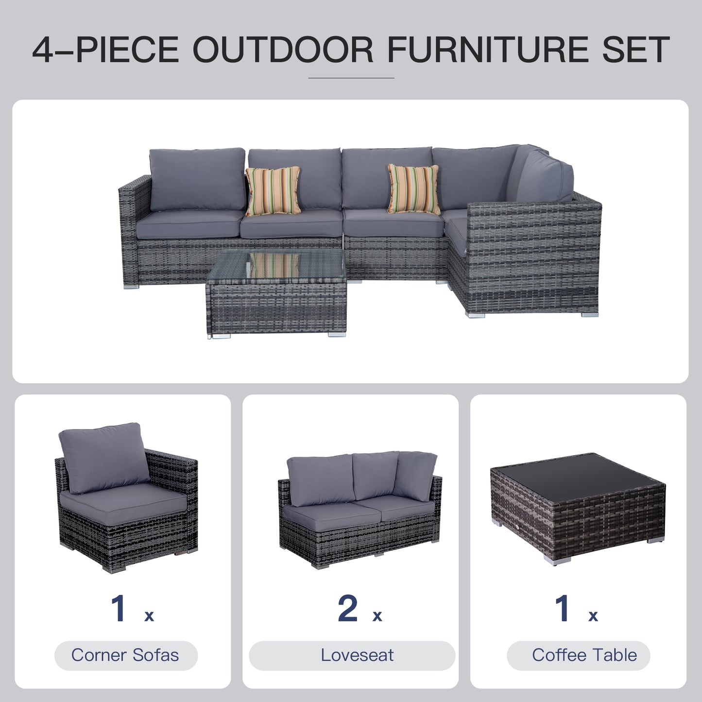 Outsunny Outdoor Corner Sofa 4 PC Patio Rattan Set Cushioned Coffee Table Garden Furniture Grey
