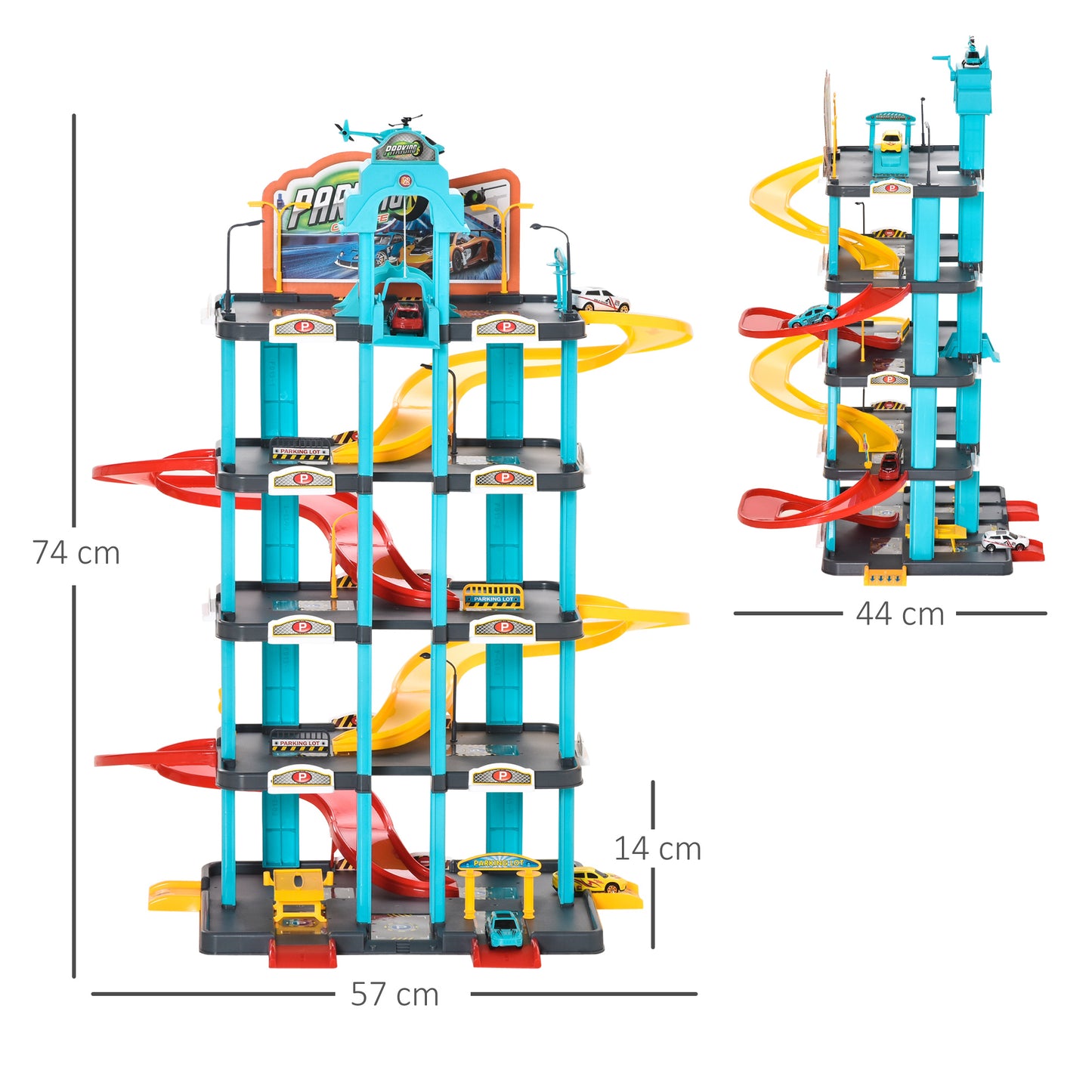 HOMCOM 5-Level Car Parking Garage Toy Race Tracks Car Ramp Set Toddler Car Games