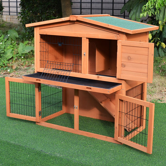 PawHut  2 Tier Outdoor Rabbit Small Animal Enclosure with Ramp Tray to Raised Home & Below Run Area, Natural