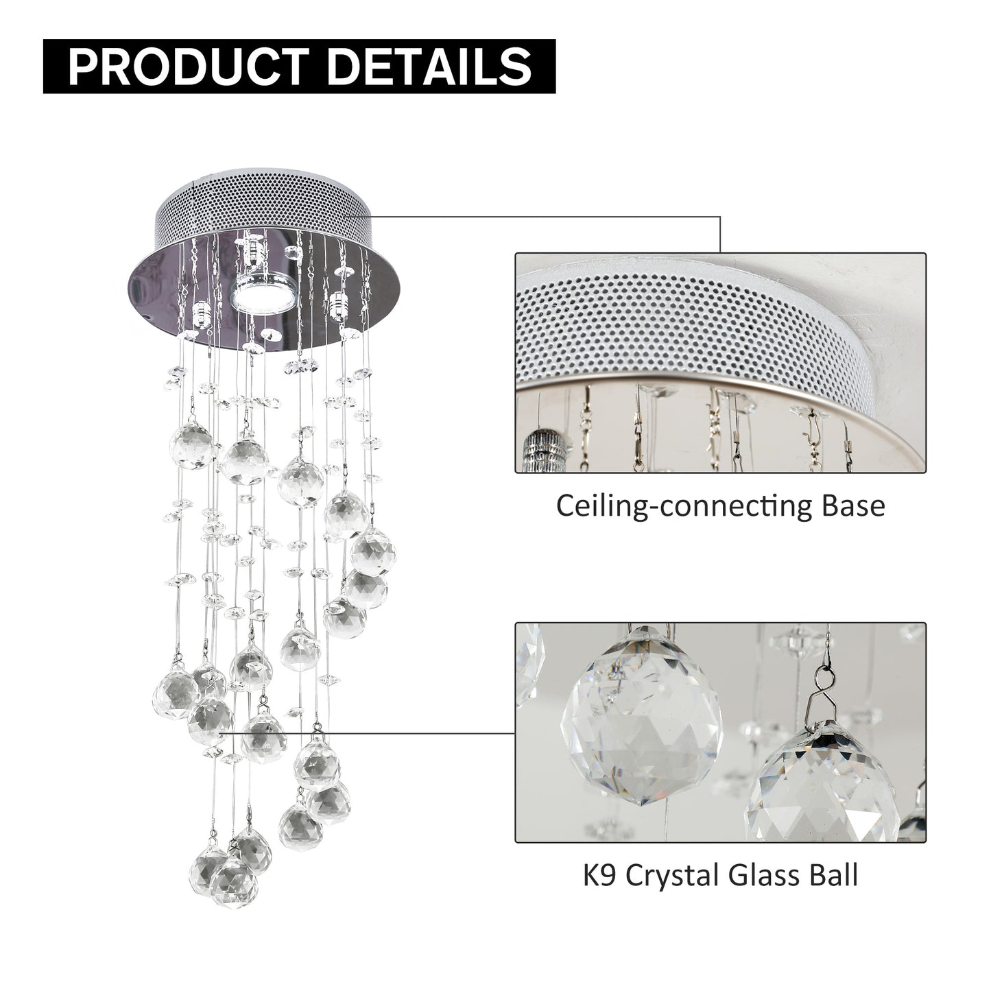 HOMCOM Crystal Ceiling  Chandelier, Spiral Rain Drop-Silver/Crystal
