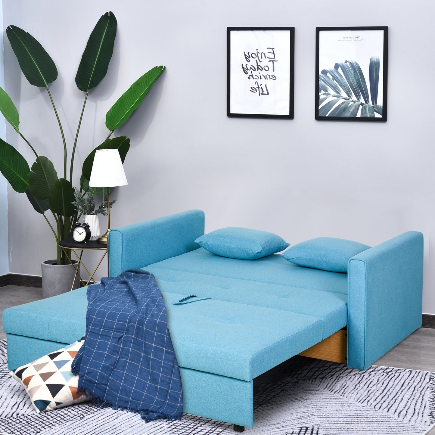 HOMCOM Polycotton 2-Seater Sofa Bed w/ Pillows Blue