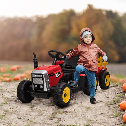 HOMCOM Electric Ride on Tractor with Detachable Trailer, 12V Kids Battery Powered Electric Car with Remote Control, Music Start up Sound and Horn, Lights, for Ages 3-6 Years - Red