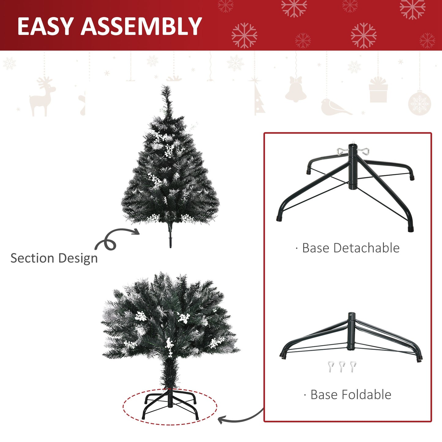 HOMCOM 4ft Artificial Snow Dipped Christmas Tree Xmas Pencil Tree Holiday Home Indoor Decoration with Foldable Feet White Berries Dark Green