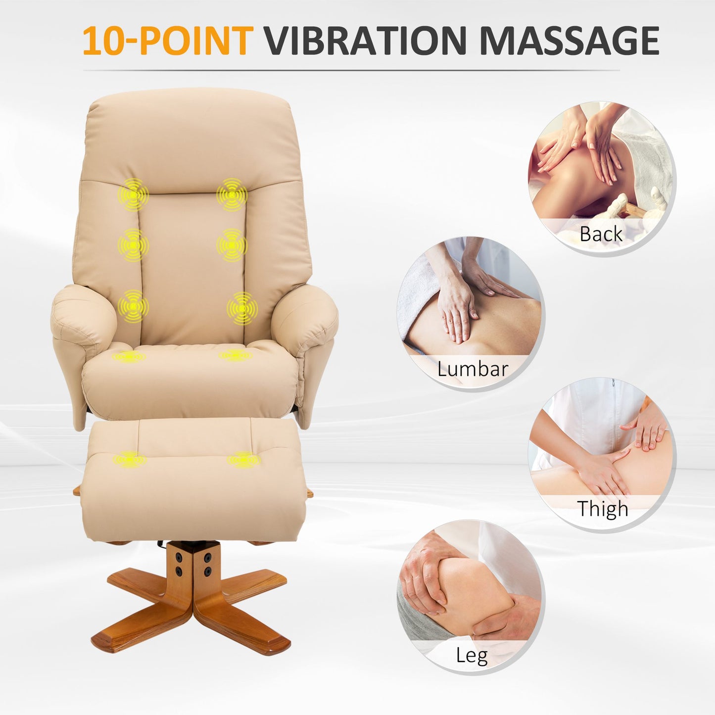 HOMCOM 10-Point Massage Sofa Armchair Chair W/ Ottoman Recliner PU Leather White