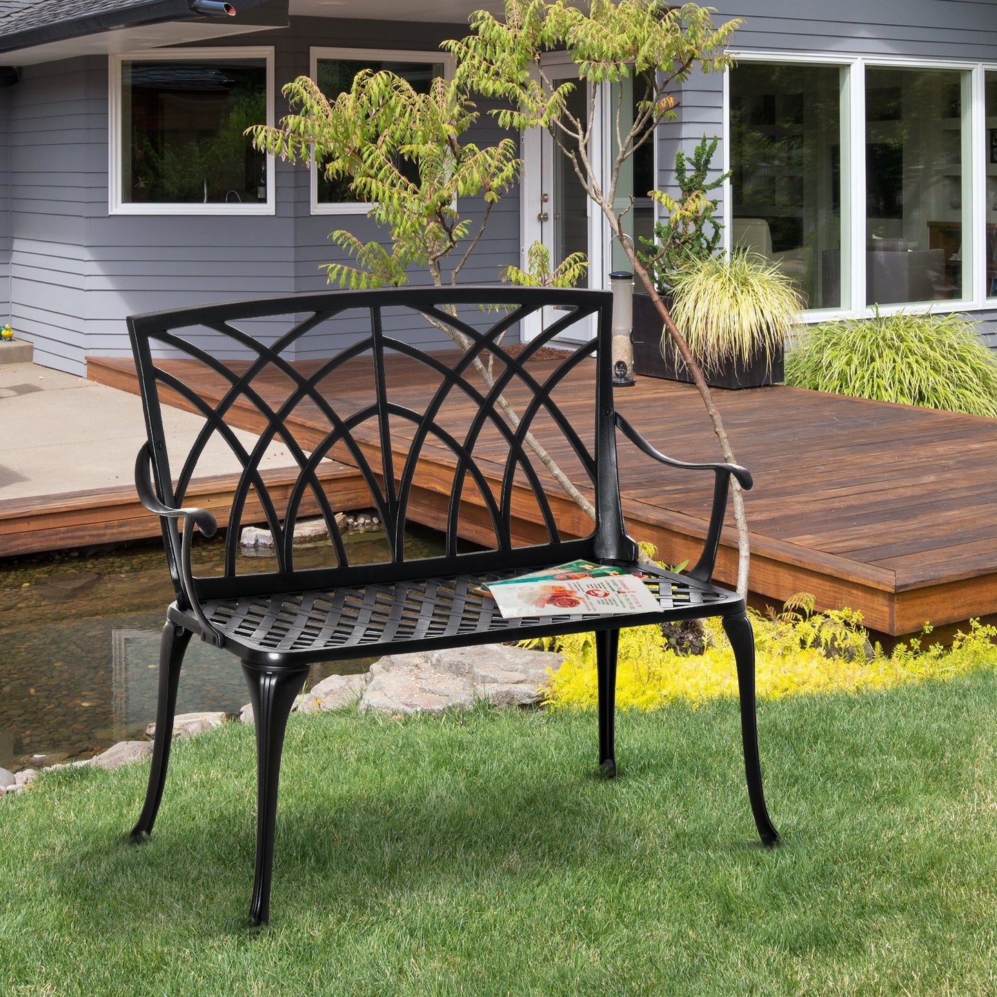 Outsunny 2-Seater Aluminium Garden Bench Decorative Patio Loveseat Ergonomic Armrest