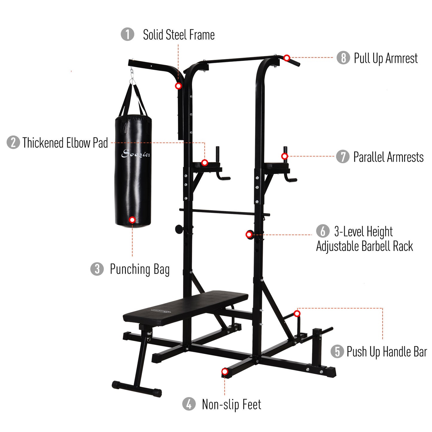 HOMCOM Multi Function Full Body Power Tower Dip Station Home Gym with Punching Bag
