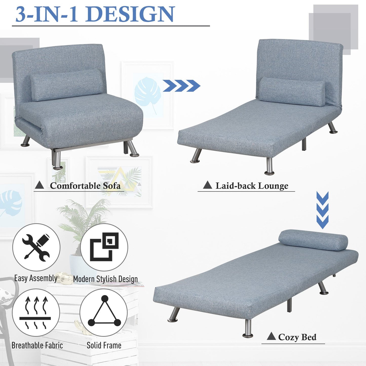 HOMCOM Linen 5-Position Futon Single Sofa Bed Blue