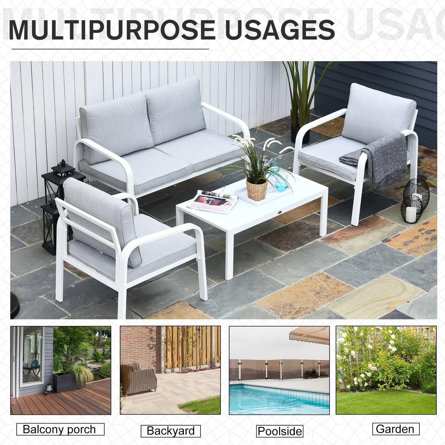 Outsunny 4-Seater Outdoor PE Rattan Table and Chairs Set White/Grey