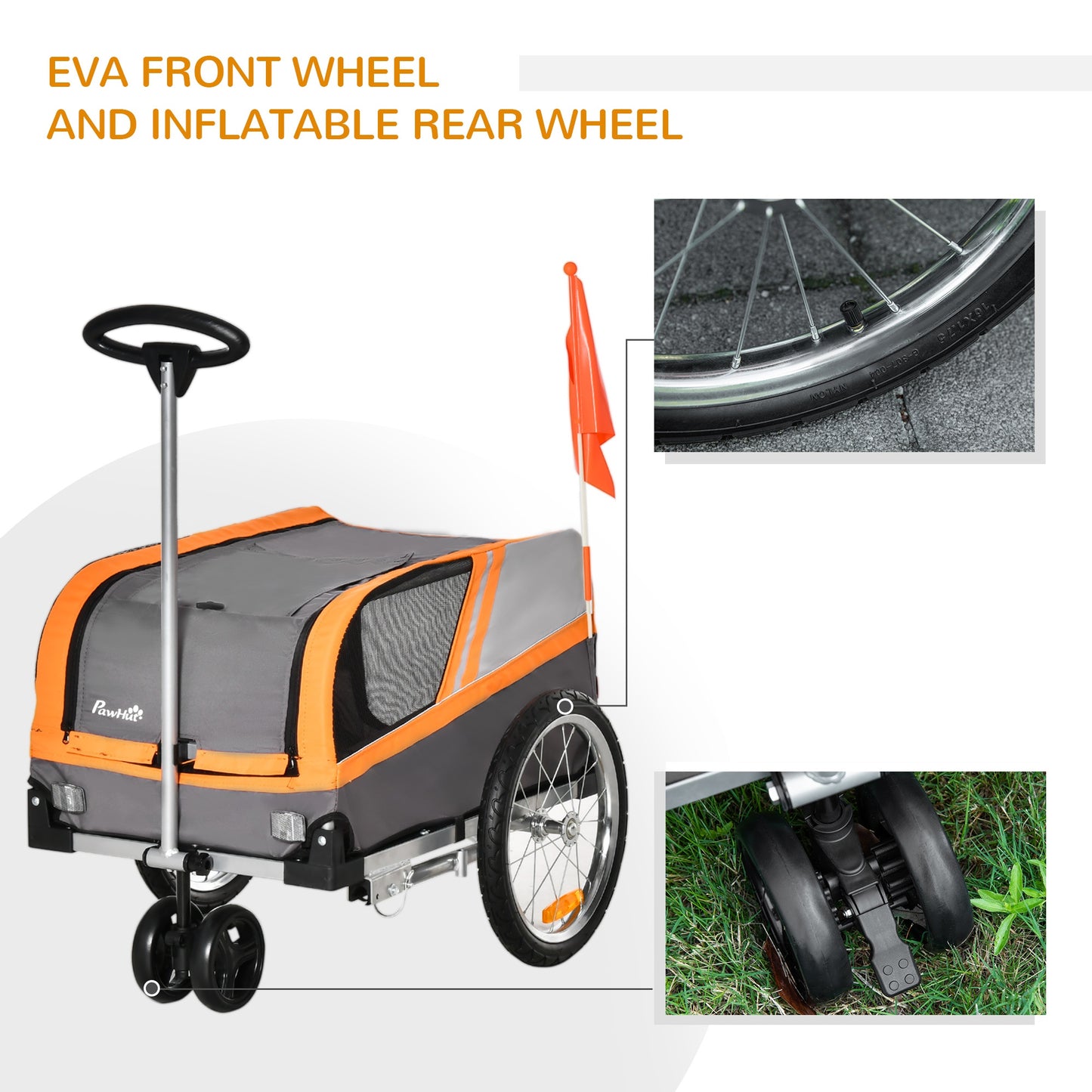 PawHut Dog Bike Trailer Two-In-One Pet Trolley Stroller Cart Bicycle Carrier Orange