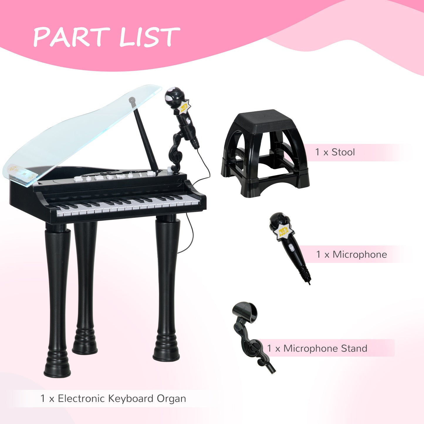 AIYAPLAY 32Key Kids Piano Keyboard with Stool Lights Microphone Sounds Removable Legs Black