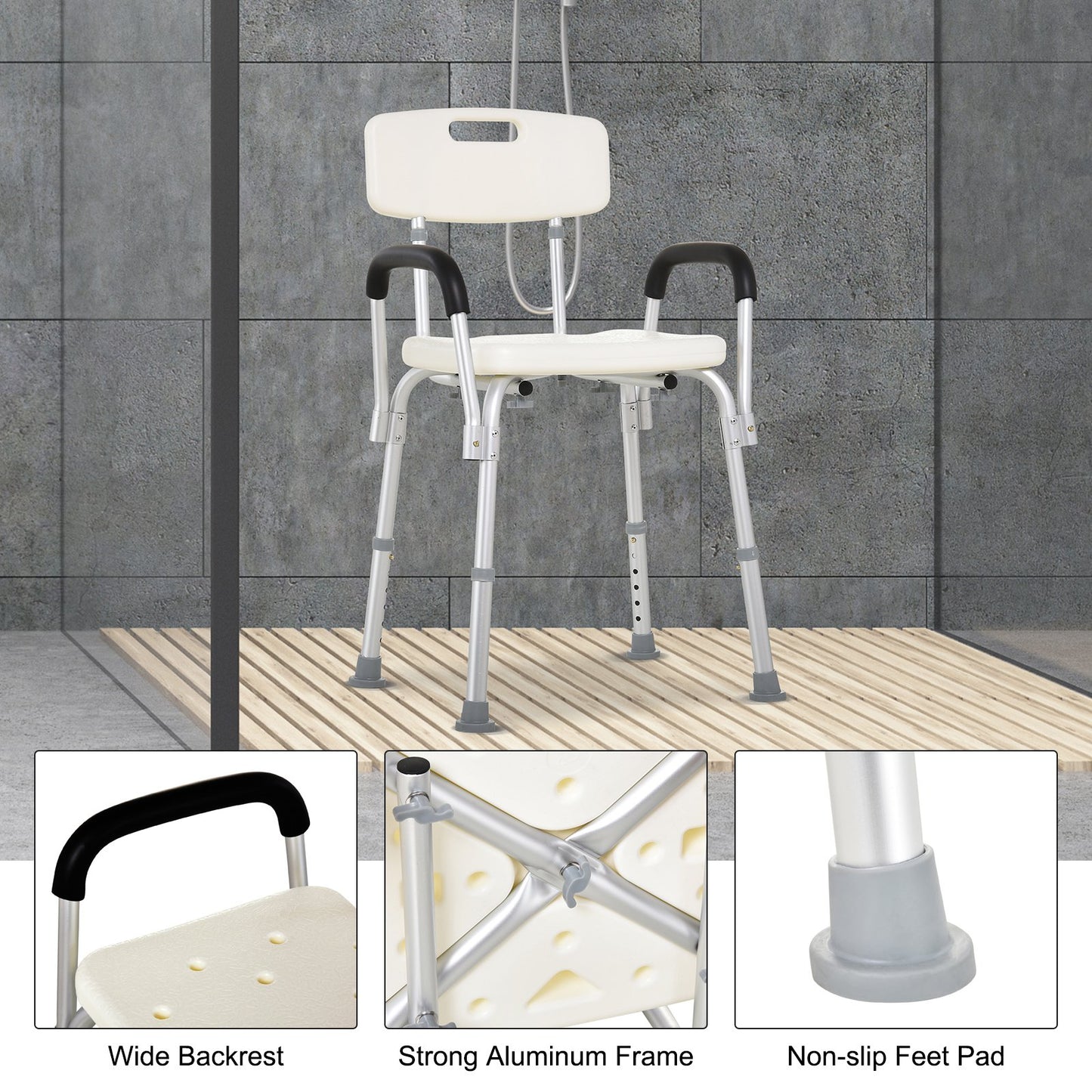 HOMCOM Adjustable Shower Bench with Adjustable Back and Armrest
