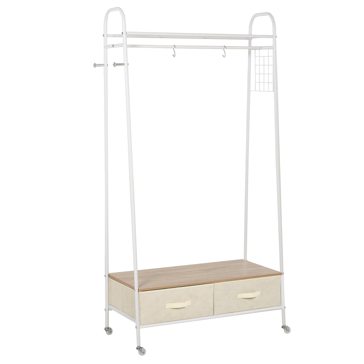 HOMCOM Clothes Rack Stand W/ 2 Drawers and Wheels, Metal-White with Beige Drawers