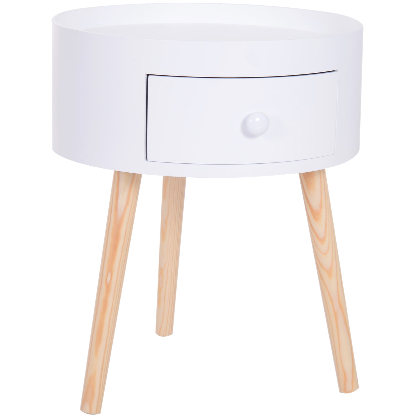 HOMCOM Modern Side Table, Small Coffee Table, Round Bedside Table with Drawer and Wood Legs for Living Room, Bedroom, White