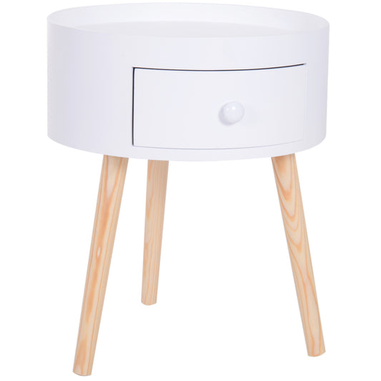HOMCOM Modern Side Table, Small Coffee Table, Round Bedside Table with Drawer and Wood Legs for Living Room, Bedroom, White