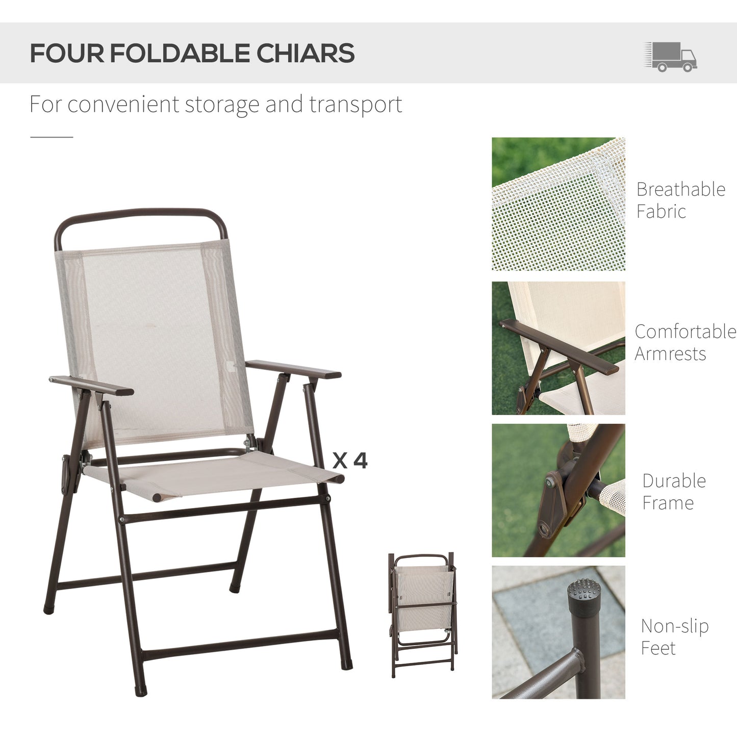 Outsunny Garden Patio Texteline Folding Chairs Plus Table and Parasol Furniture Bistro Set 6 Pieces - Black/Cream