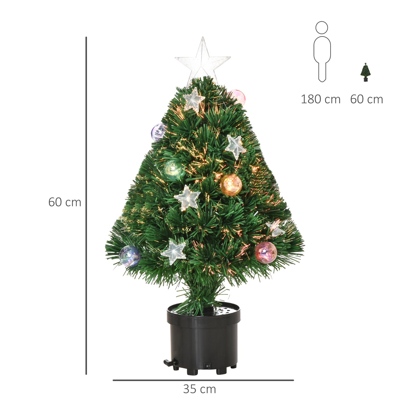 HOMCOM 2FT Pre-Lit Artificial Fibre Optic Christmas Xmas Tree w/ Lights Mini Decoration, Green