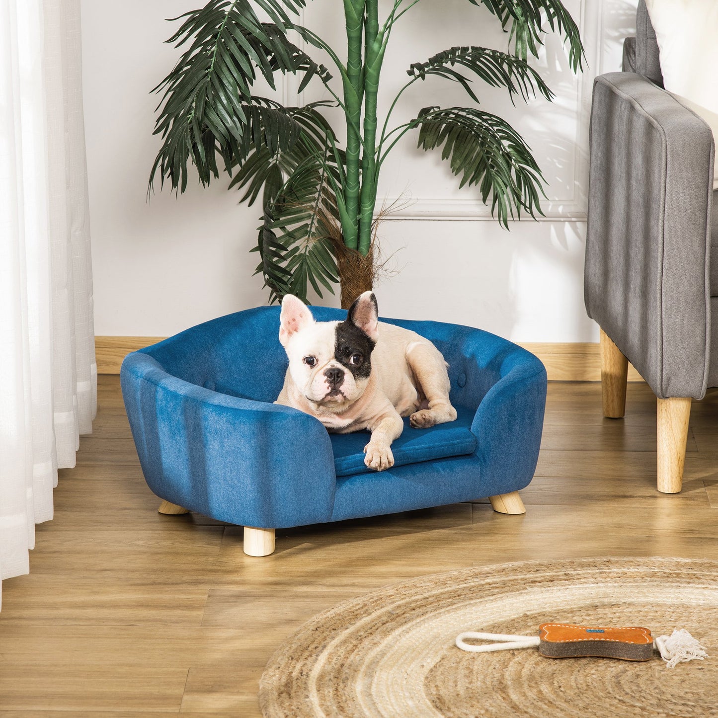 PawHut Pet Sofa Puppy Kitten Lounge, w/ Wooden Frame, Washable Cushion, Blue