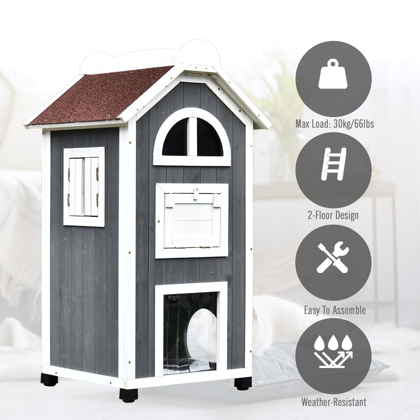 PawHut 59L x 55W x 109H cm Solid Wood Cat Condo Furniture 2-Floor Pet Shelter Grey & White