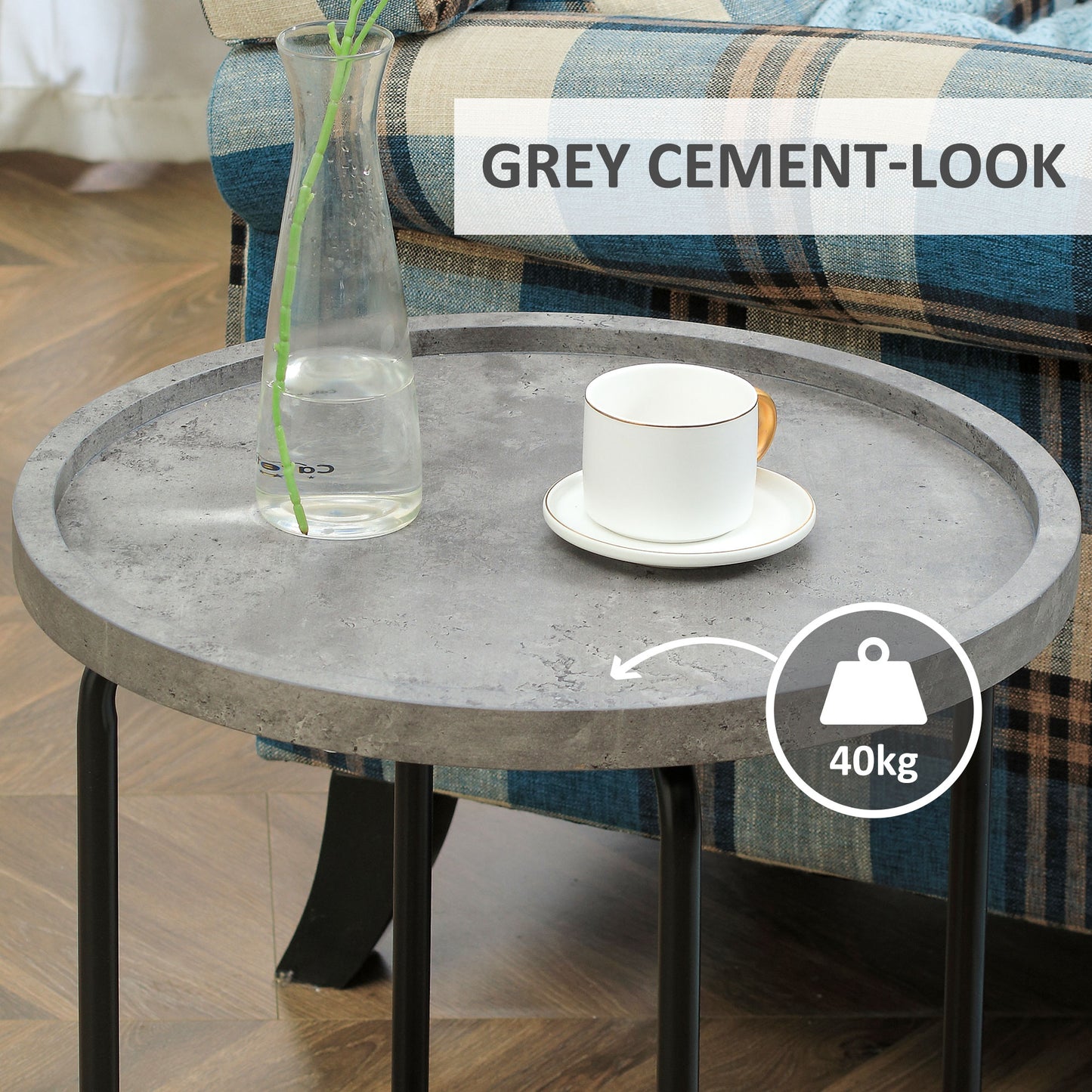 HOMCOM Round End Table, Modern Accent Side Table with Cement Effect Tabletop and Metal Frame for Living Room