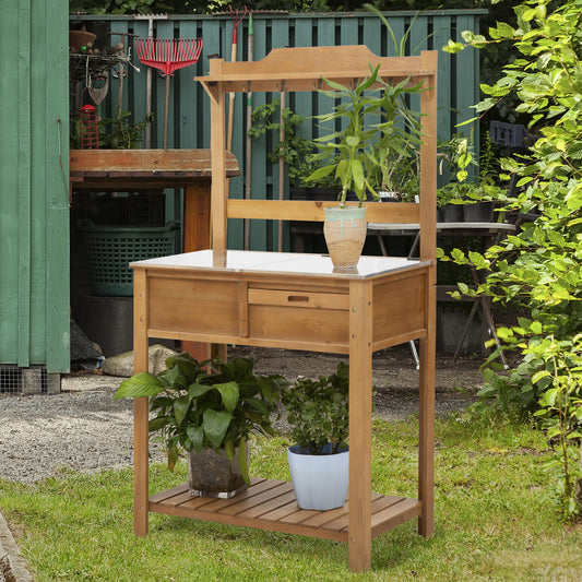 Outsunny Wooden Garden Potting Table Galvanized Metal Workstation Sink Shelves and Hooks