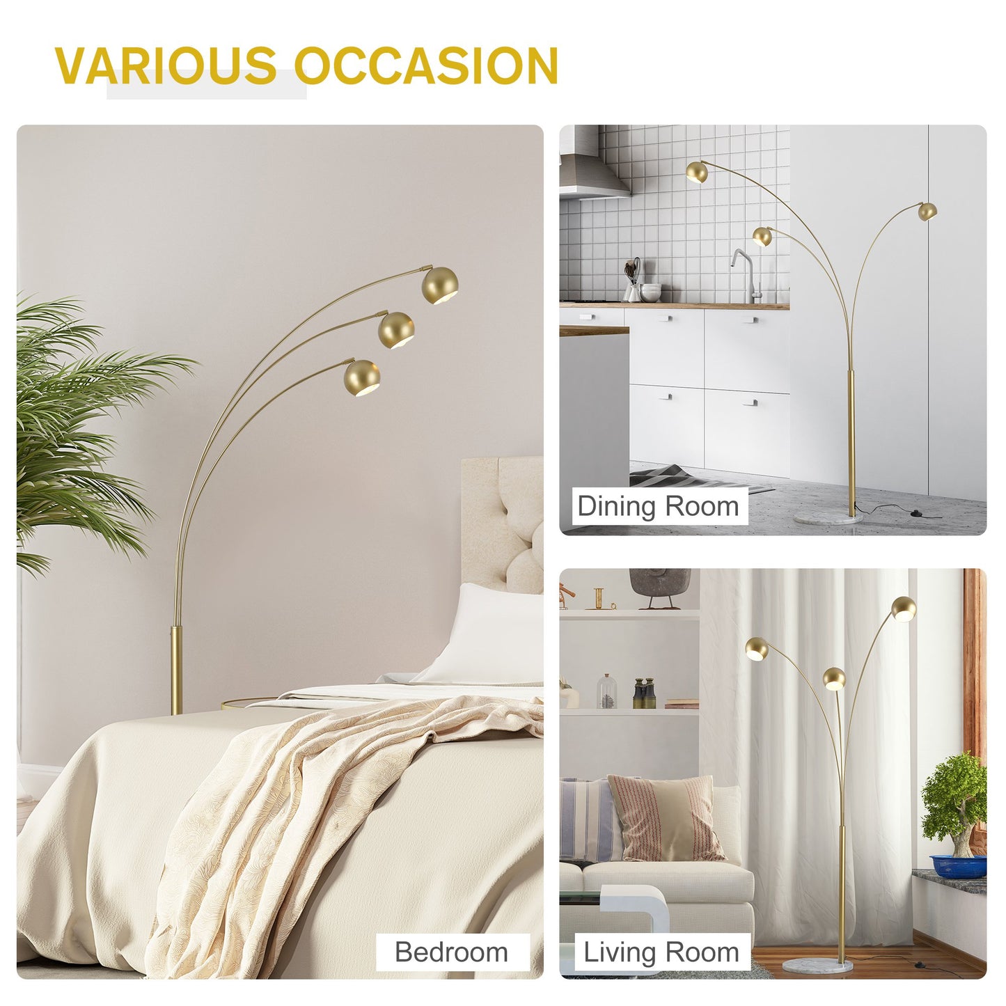 HOMCOM Steel 3-Branch Floor Lamp Gold