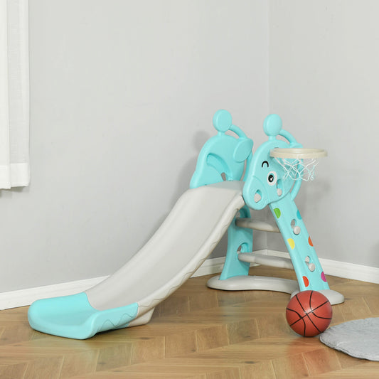 HOMCOM 2 in 1 Kids Slide with Basketball Hoop 18 months -4 Years Old Deer Blue