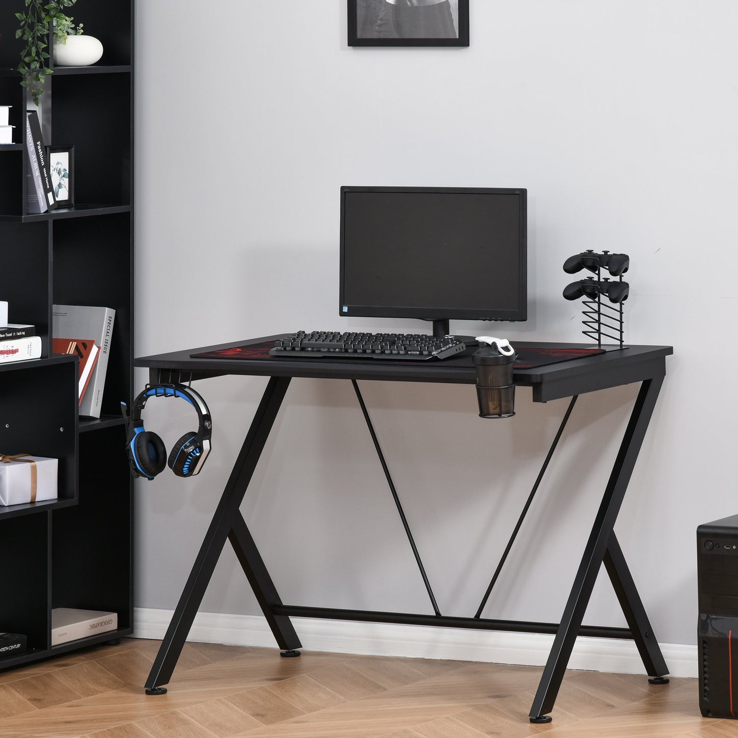 HOMCOM Gaming Desk Computer Table Metal Frame w/ Cup Holder, Headphone Hook, Cable Hole