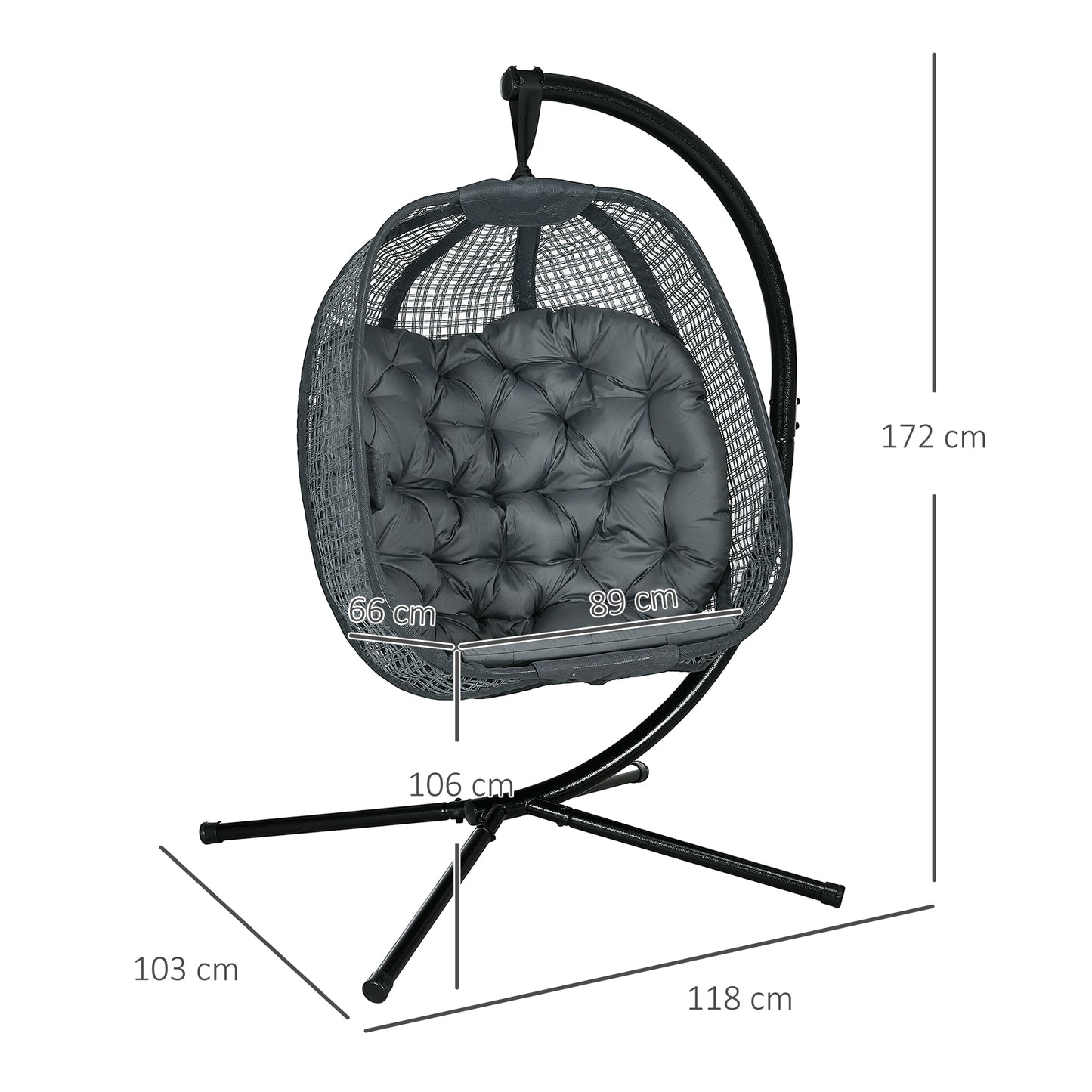 Outsunny Outdoor Swing Chair w/ Thick Padded Cushion, Patio Hanging Chair w/ Metal Stand, Foldable Basket, Cup Holder, Dark Grey