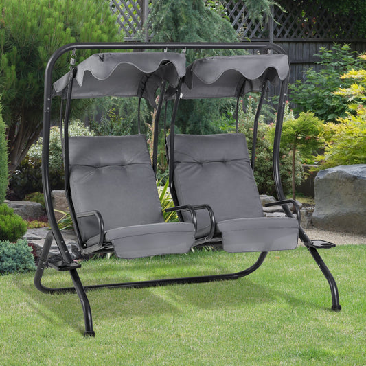 Outsunny Canopy Swing 2 Separate Relax Chairs w/ Handrails, Cup Holders