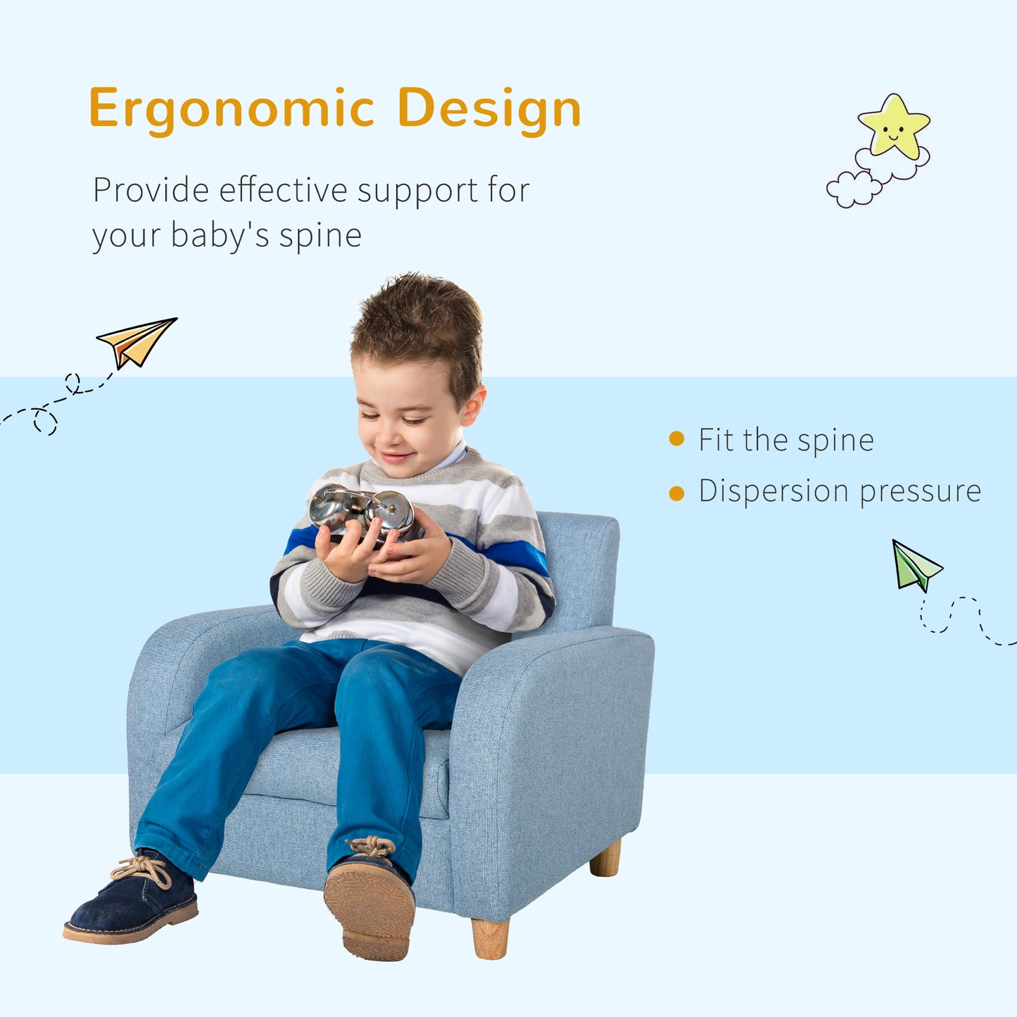 HOMCOM Kids Children Armchair Mini Sofa Wood Frame Anti-Slip Legs High Back Bedroom Playroom Furniture Blue